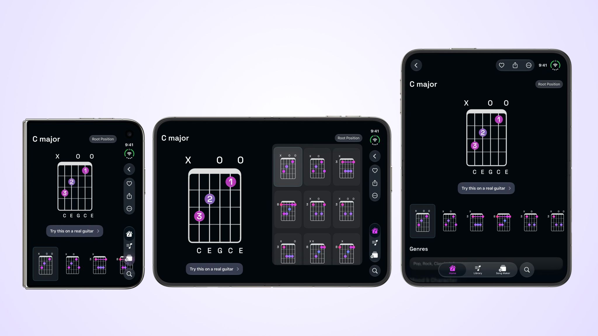Guitar Wiz chord library adapting across iPhone Duo configurations, showing C major on the outer display, unfolded landscape, and unfolded portrait.
