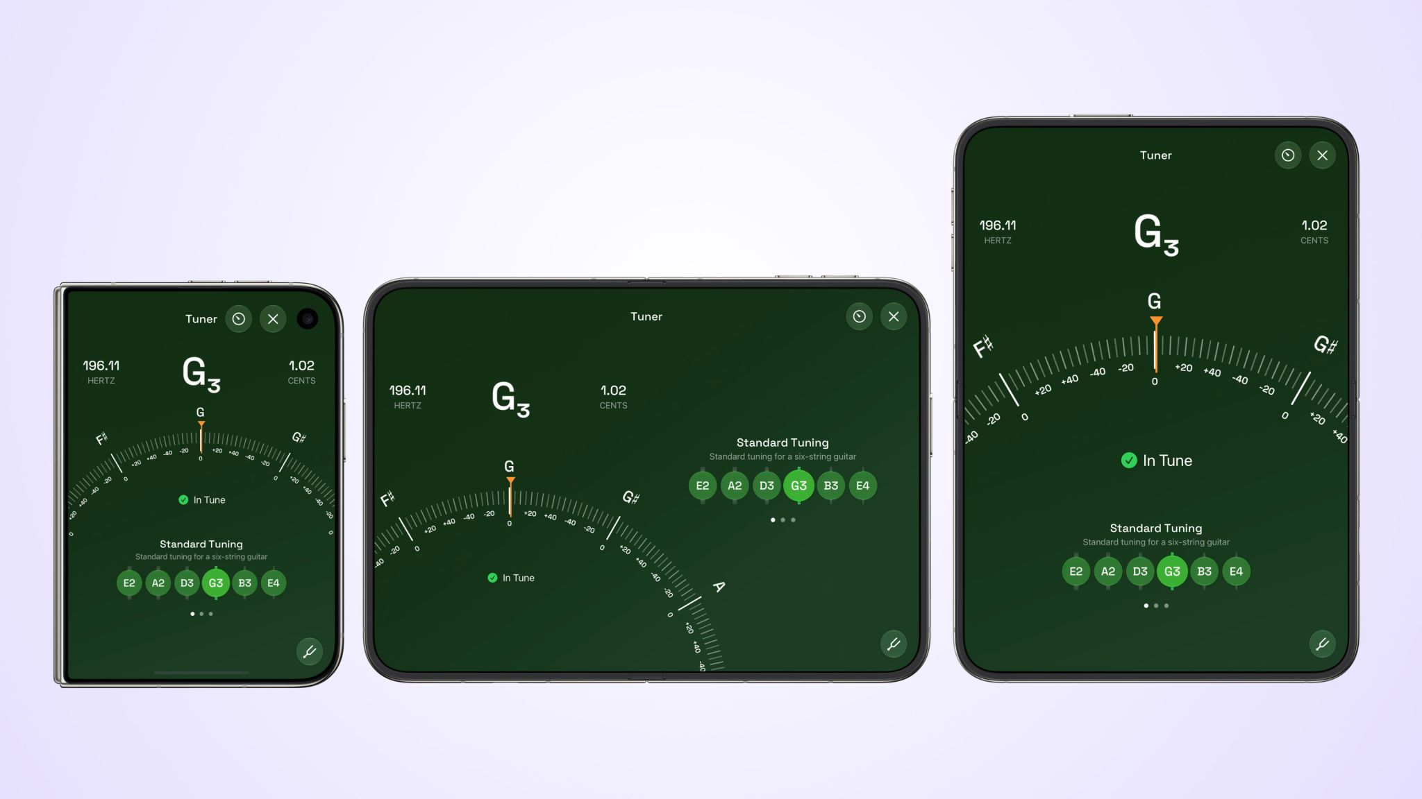 Guitar Wiz tuner adapting across iPhone Duo configurations, from the outer display to unfolded landscape and portrait.