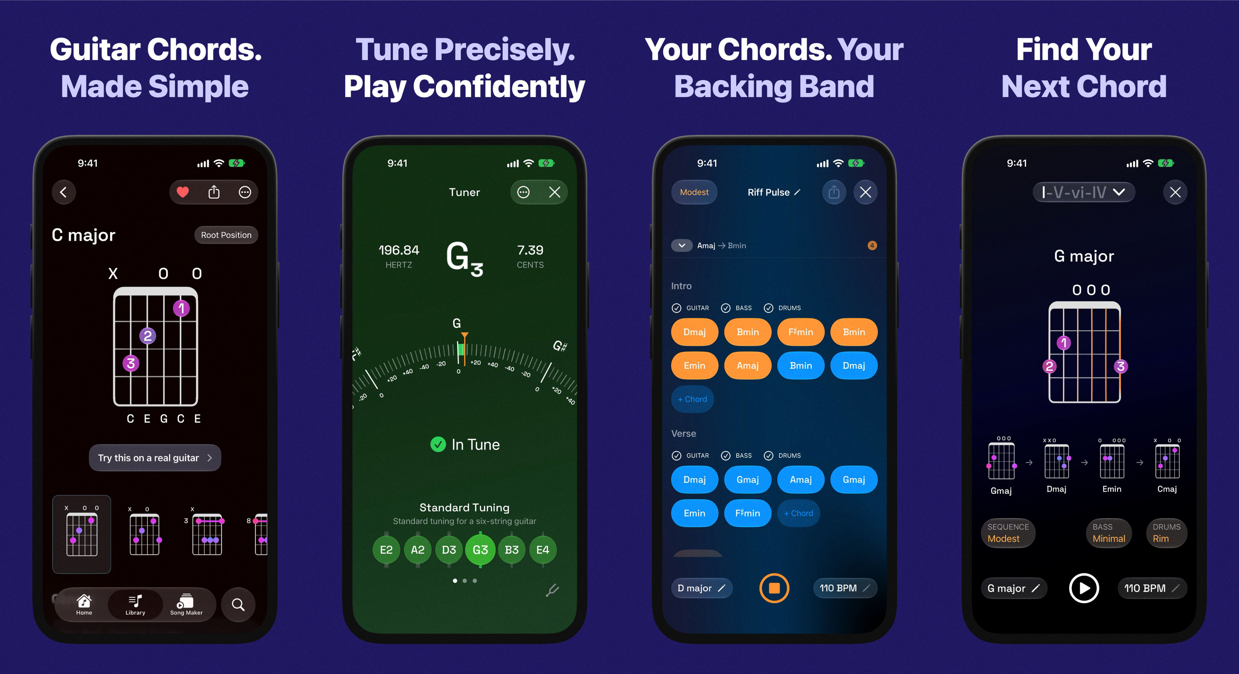 Guitar Wiz chord library, tuner, backing band, and chord finder